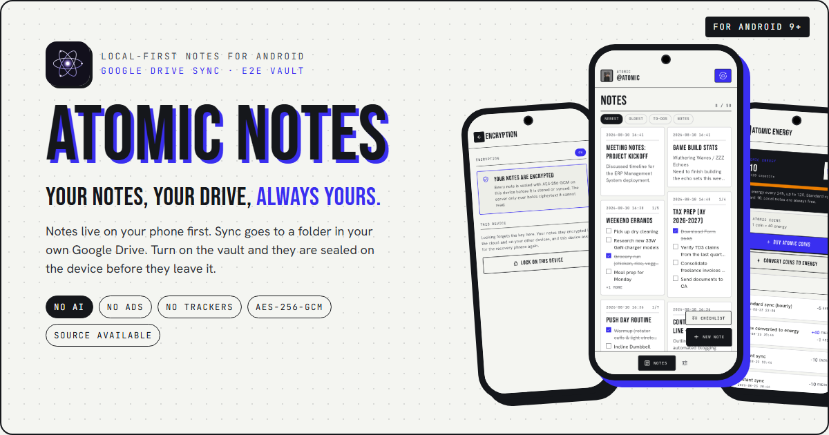 Atomic Notes release cover with the atom mark on a paper background